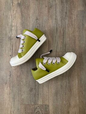 Rick Owens Olive Green and White Low-Top Lace Sneakers